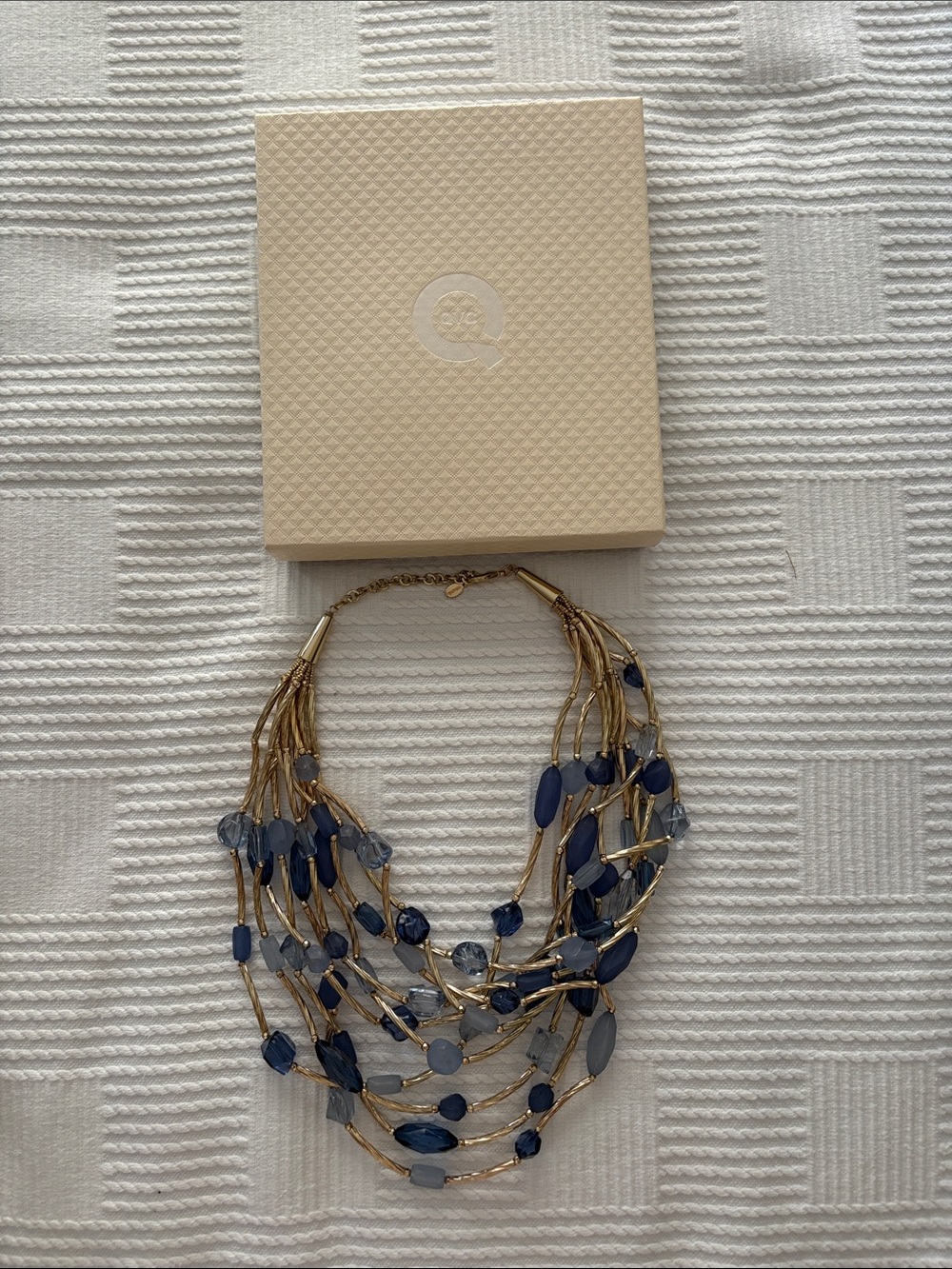 Gold tone Multi-Strand Carnival Necklace with Blue Beads. QVC. New.